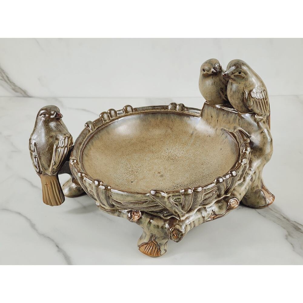 Birdbath Bowl Pottery Table Home Decor Key & Letter Holder 10" Ceramic Brown